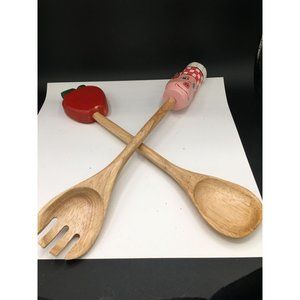 Set of Vintage Wood Salad Servers.Pig Swine/ Chef Head & Apple for its Mouth!